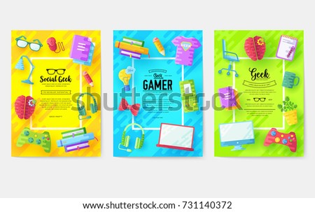 it geeks vector brochure cards set. office professional developer template of flyear, magazines, posters, book cover, banners. Layout workplace technology flat illustrations modern pages Stock photo © 