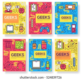 it geeks vector brochure cards thin line set. office professional developer template of flyear, magazines, posters, book cover, banners. Layout workplace technology outline illustrations modern pages
