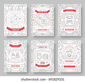 It Geeks Vector Brochure Cards Thin Line Set. Office Professional Developer Template Of Flyear, Magazines, Posters, Book Cover, Banners. Layout Workplace Technology Outline Illustrations Modern Pages