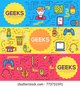 it geeks vector brochure cards thin line set. office professional developer template of flyear, magazines, posters, book cover, banners. Layout workplace technology outline illustrations modern pages.