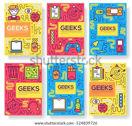 it geeks vector brochure cards thin line set. office professional developer template of flyear, magazines, posters, book cover, banners. Layout workplace technology outline illustrations modern pages Stock photo © 