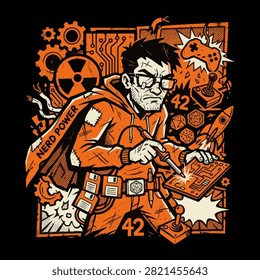 A geeky engineer soldering a circuit board in orange style