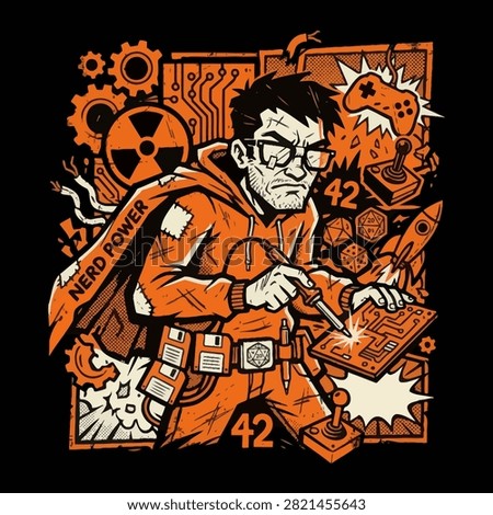 A geeky engineer soldering a circuit board in orange style
