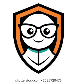 Um logotipo de mascote de escudo geek com um personagem divertido e nerd com óculos, segurando um escudo. O personagem incorpora uma vibração com conhecimento em tecnologia, combinando proteção e inteligência no design.