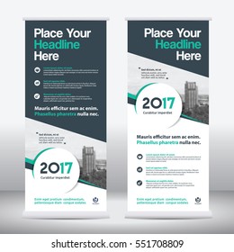 Geen Color Scheme with City Background Business Roll Up Design Template.Flag Banner Design. Can be adapt to Brochure, Annual Report, Magazine,Poster, Corporate Presentation, Portfolio, Flyer, Website