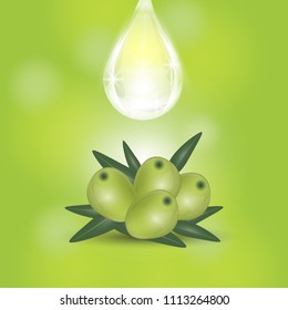 Geen olives branch and oil drop isolated on green background. Design for olive oil, cosmetics, health care products. Vector Illustration