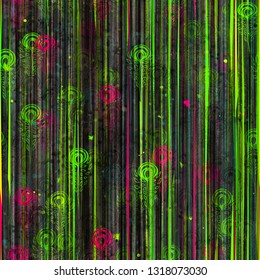 Geen seamless texture with red inclusion. Vertical lines and stylized feathers. 
