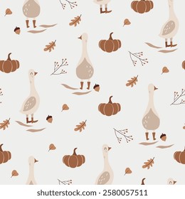 Geese in autumn with pumpkins - kids seamless vector pattern. Fall childish design for textile, paper, package. Autumn fabric illustrations
