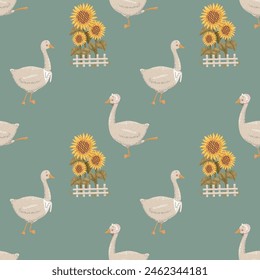 geese in caps among sunflowers. mint color background vector illustration. goose character for children. background image for printing