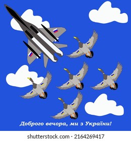 geese chasing a plane, a meme about the war in Ukraine with the patriotic slogan "Good evening. We are from Ukraine" war in Ukraine