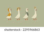 Geese collection. Cute cartoon set characters in funny clothes, hat, raincoat in simple hand drawn style. The limited vintage palette is perfect for baby prints. Goose vector