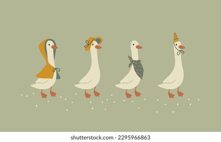 Geese collection. Cute cartoon set characters in funny clothes, hat, raincoat in simple hand drawn style. The limited vintage palette is perfect for baby prints. Goose vector