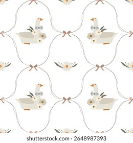 Geese with daisies - vector damask pattern with transparent background for textile design, wallpaper. Vintage style illustrations

