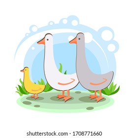 geese family. Cartoon children's style. Character in location. Glade with plants and sky. simplified style. Vector stock illustration. farm bird