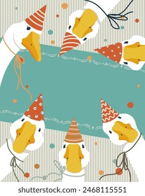 Gansos en gorras festivas. Póster con fondo para texto. Afiche de Antiguas con aves. Ilustración vectorial plana.