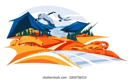 Geese fly over the autumn meadow in the mountain valley. Road through the hills. Coniferous forest. Landscape seasons. Flat vector illustration