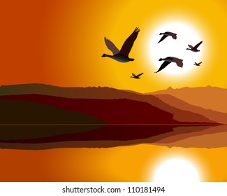 Geese flying through mountain range at sunrise/sunset