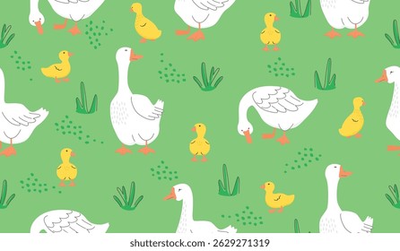 Geese and goslings seamless pattern on green background. Farm poultry in a meadow with grass. White, yellow, orange colors with black line. Vector designs for use in textile. Flat illustration
