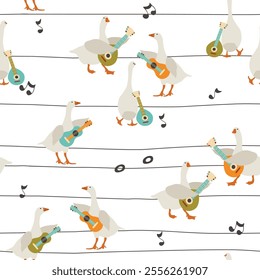 Geese with guitars vector seamless pattern. Music wallpaper design, musical fabric design with domestic birds