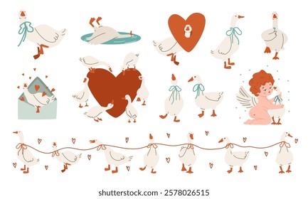 Geese and love. Set of geese, ribbon heart. Valentine's day, flat vector illustration, eps10