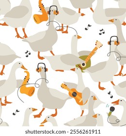 Geese with musical instruments vector seamless pattern on transparent background. Music wallpaper design, musical fabric design with domestic birds
