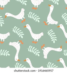 Geese on a light pistachio background. The pattern is simple with birds and is gentle for textiles, fabrics, backgrounds, packaging paper, wallpaper, ceramics.