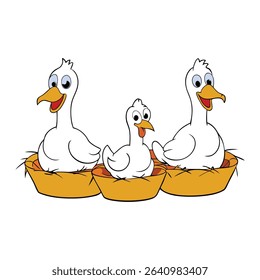 Geese rest peacefully on straw nests, their soft feathers fluffed as they guard their eggs in cozy, rustic shelters, evoking a serene farmyard scene.
