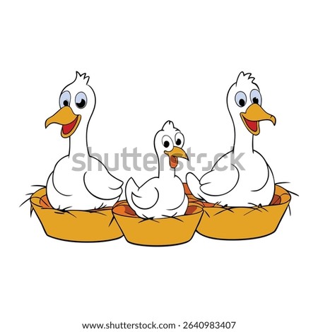 Geese rest peacefully on straw nests, their soft feathers fluffed as they guard their eggs in cozy, rustic shelters, evoking a serene farmyard scene.
