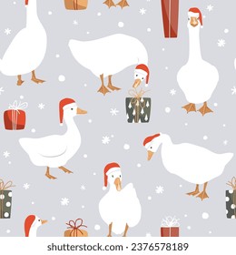 Geese in Santa Claus helper hats seamless pattern. Cartoon goose and gift boxes. Background for Christmas wrapping paper, wallpaper, clothes print and fabrics. Vector illustration