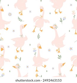 Geese seamless pattern. Cartoon goose characters print for fabric wrapping wallpaper. Baby textile design with cute birds, nowaday vector background