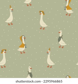 Geese seamless pattern. Cute cartoon characters in funny clothes, hat, raincoat in simple hand drawn style. The limited vintage palette is perfect for baby prints. Goose nursery vector