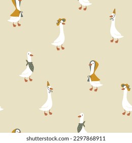 Geese seamless pattern. Cute cartoon characters in funny clothes, hat, raincoat in simple hand drawn style. The limited vintage palette is perfect for baby prints. Goose nursery vector