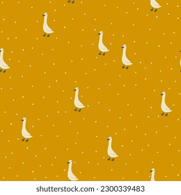 Geese seamless pattern. Cute cartoon characters in simple hand drawn style. Baby minimalistic vintage print in a limited baby pastel palette. Goose vector on a mustard polka dot background