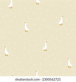 Geese seamless pattern. Cute cartoon characters in simple hand drawn style. Baby minimalistic vintage print in a limited baby pastel palette. Goose vector on a beige background with polka dots