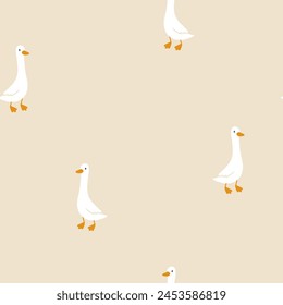 Geese seamless pattern. Cute cartoon characters in simple hand drawn style. Baby minimalistic vintage print in a limited baby pastel palette. Goose vector on a beige background