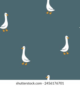 Geese seamless pattern. Cute cartoon characters in simple hand drawn style. Baby minimalistic vintage print in a limited baby pastel palette. Goose vector on a dark blue background