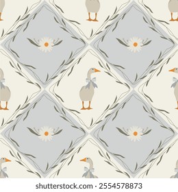 Geese seamless pattern with daisies. Retro vector wallpaper. Flat cute illustrations background
