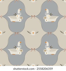 Geese seamless pattern with daisies. Retro vector wallpaper. Flat cute illustrations background for fabric design.
