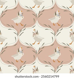 Geese seamless pattern with daisies. Retro vector wallpaper. Flat cute illustrations background