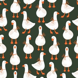 Geese Seamless Pattern. Funny Birds Background. Fluffy Style Graphic. Vector Illustration