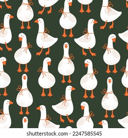 Geese seamless pattern. Funny birds background. Fluffy style graphic. Vector illustration