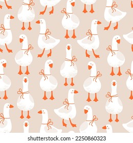 Geese seamless pattern. Funny cute birds background. Fluffy style graphic. Vector illustration.