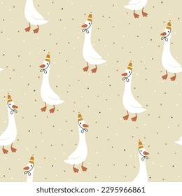 Geese seamless pattern. Funny cute cartoon characters in birthday caps with confetti in simple hand drawn style. The limited vintage palette is perfect for baby prints. Vector goose beige background
