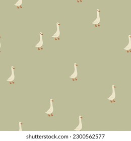 Geese seamless pattern. Funny cute cartoon characters in simple hand-drawn style. Childrens minimalistic vintage print in a limited pastel palette for baby prints. Goose vector on a green background