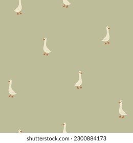 Geese seamless pattern. Funny cute cartoon characters in simple hand-drawn style. Childrens minimalistic vintage print in a limited pastel palette for baby prints. Goose vector on a green background