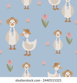 Geese seamless pattern, hand drawn cute kids background, vintage retro pallete