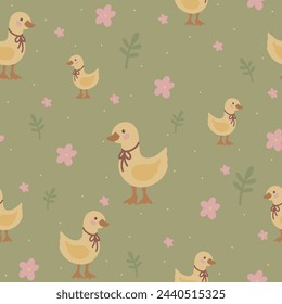 Geese seamless pattern, hand drawn cute kids background, vintage retro pallete