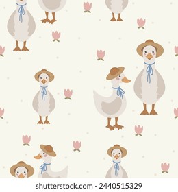 Geese seamless pattern, hand drawn cute kids background, vintage retro pallete