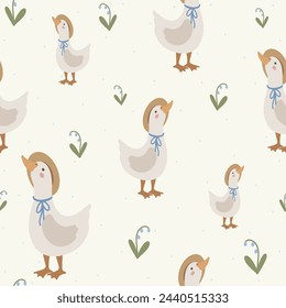 Geese seamless pattern, hand drawn cute kids background, vintage retro pallete