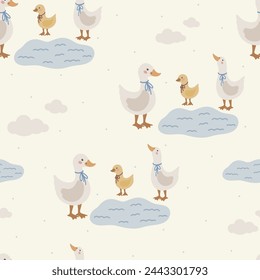 Geese seamless pattern, hand drawn cute kids background, vintage retro pallete